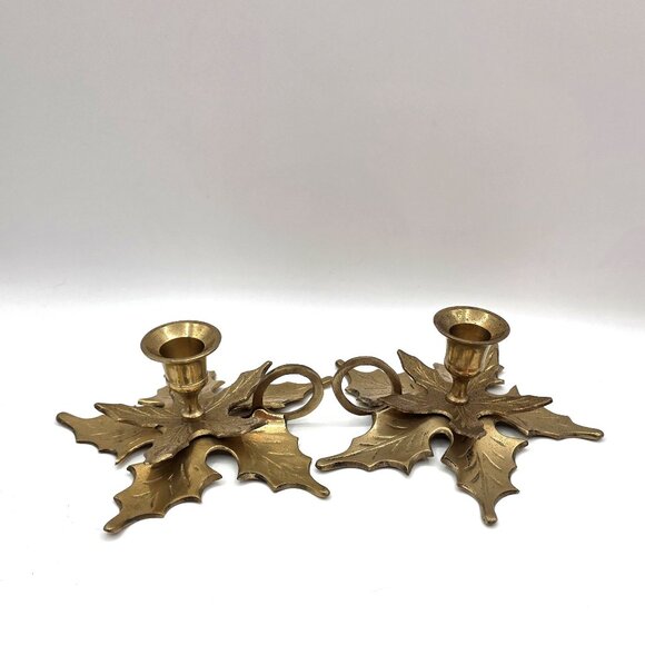 Vintage Holly Leaf Chamberstick Finger Loop Solid Brass Candle Holders Set of 2 - Picture 3 of 8